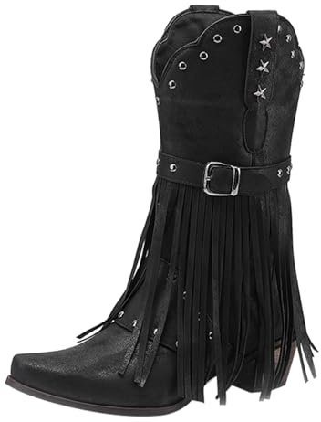 Generisch Cowboystiefel Damen Mittel Hoch Westernstiefel Damen Fransen, Schlupfstiefel Vintage Fransenstiefel Mit Blockabsatz Halbstiefel Herbst Winter Übergangsstiefel Winterstiefel Cowgirl Stiefel