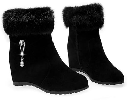 ZPLMIDE Botas de tacón de cuña con diamantes de imitación para mujer, elegantes y elegantes, de ante sintético, mullidas, cálidas, botines puntiagudos, Black, 35.5 EU
