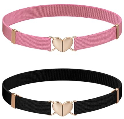Falzqq 2-pack flickbälte, barnbälte för midjeomkrets 39–89 cm, justerbart hjärtspänne, stretchbälte för byxor, jeans och klänningar, Svart + rosa, En Storlek