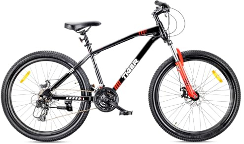 sun baby TIGER BIKE Bicicletta da 26 pollici, mountain bike per ragazzi e uomini, bici da montagna 26 - telaio in acciaio, 21 marce, freni a disco, ammortizzatore - Nero-Rosso