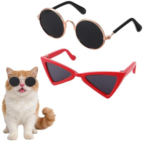 FIQLUL 2 Pcs Gafas de Sol para Perros y Gatos con Protección UV y Correa Ajustable, Gafas Perro Cortavientos para Ciclismo, Paseos y Fotos, Accesorios de Moda para Mascotas Pequeñas, Negro y Rojo
