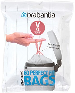 Brabantia IdealFit Bin Liners (Size V/3 Litre) Ideal Quality Thick Plastic Trash Bags with Tie Tape Drawstring Handles (60 Bags)