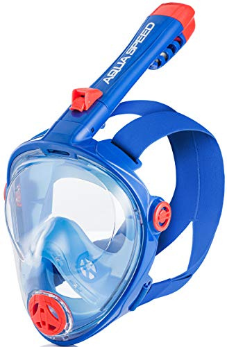 Aqua Speed Tauchermaske Kinder I Full Face Tauchmaske für Jungen I Maske zum Schnorcheln I Schnorchelmaske klappbar I mit Schnorcheln I + Mikrofasertuch I Gr. L, 08. Blau I Spectra 2.0 Kid
