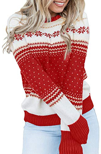LookbookStore Women Winter Funny Holiday Knit Sweaters for Women Crewneck Long Sleeves Ugly Christmas Snowflake Red Knit Sweater Pullover Tops Size X-Large