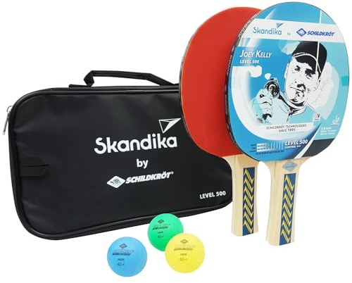 Skandika Donic-Schildkröt Set de 3 balles de Tennis de Table | 2 Raquettes, 3 balles de Tennis de Table colorées, éponge de 1,8 mm, Niveau 500, revêtement Elite et Sac de Rangement, Bois FSC
