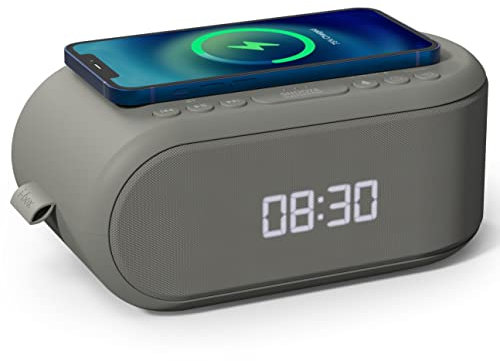 i-box Alarm Clocks Bedside, Dual Alarm Clock with Wireless Charging, Bluetooth Speaker, Radio Alarm Clock, Fast Qi Wireless Charger, Mains Powered, FM Radio, USB Charging Port, Dimmable, Non Ticking
