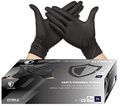 OneProtek Gants jetables noir en vitrile (nitrile-vinyle mix) - Lot de 2x Boîtes de 100 gants - XL (Très Grande) - Sans latex - Résistants et Multi-usages - Protection contre les produits chimiques