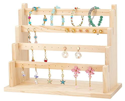 PH PandaHall Porta Orecchini in Legno Espositore per Gioielli a 4 Livello Espositore per Orecchini 48 Fori Espositore per Orecchini Pendenti Supporto per Gioielli per Donna Bracciale Primavera Estate