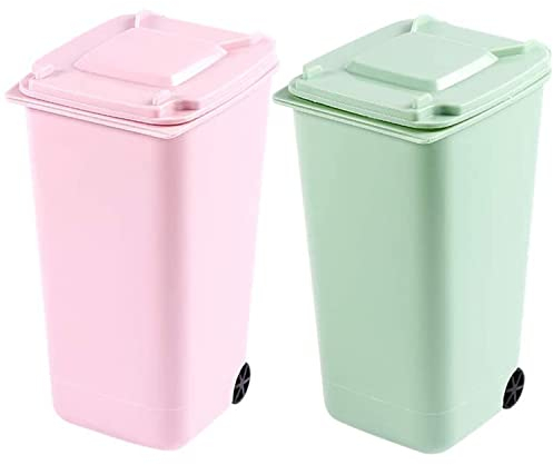TAIANJI 2 Stück Mini Plastik Tisch Mülltonne mit Schwingdeckel und Räder, Mini Abfalleimer Tischabfalleimer Desktop Mülleimer, Schreibtisch Organizer für Büro Frisiertisch Schlafzimmer Artikel