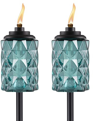 TIKI 2-Pack Topaz Blue Glass TIKI Torches – 65 Outdoor Decorative Torches for Patio, Backyard & Garden – Easy Install, Weather-Resistant with Long-Lasting Wick & Snuffer