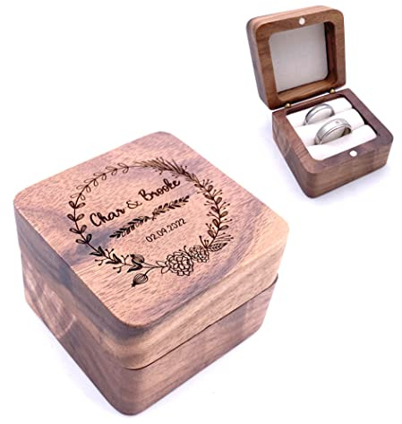 ukgiftstoreonline Square Double Ring Box - Engraved Wood Ring Bearer Box for Wedding Ceremony, Proposal or Engagement Ring Box Gift, Storage for 2 Rings