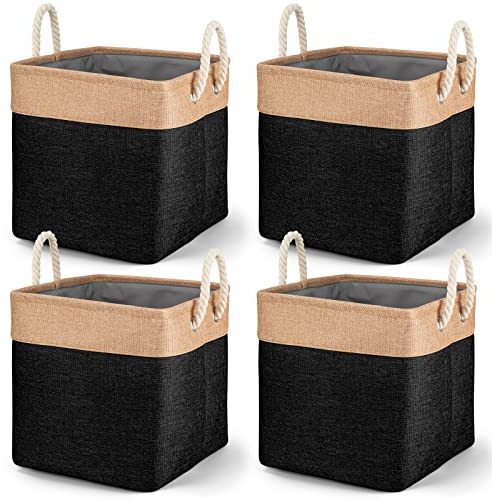 4 Pcs Large Storage Baskets, Foldable Fabric Storage Boxes Organiser with Handles for Clothes, Toys, Cube Storage Baskets for Cupboards, Shelves, Closet (Black)