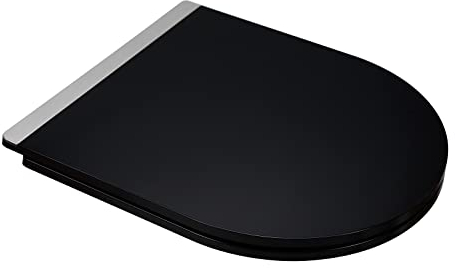 Fanmitrk WC Sitz mit Absenkautomatik, Toilettendeckel D Form Schwarz, 46 x 36 cm, Duroplast Klodeckel mit Schnellverschluss, Klobrille mit Glänzendem Metall-Dekorstreifen