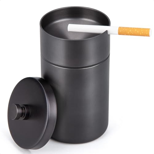 HONZUEN Aschenbecher mit Deckel, Windaschenbecher Edelstahl fur Draußen Tragbarer Rauchloser Sturmaschenbecher Tischaschenbecher Smokeless Ashtray Außenaschenbecher für Garten Draußen Auto, Schwarz