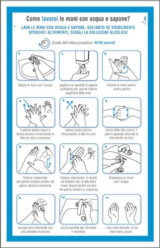 M-ITALY CARTELLO SEGNALETICO - COME LAVARSI LE MANI - Adesivo Extra Resistente, Pannello in Forex, Pannello In Alluminio (20x31, Plastica)