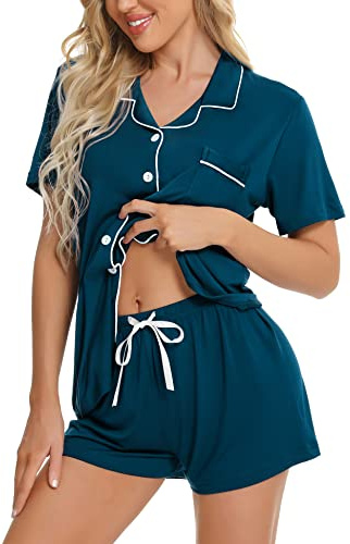 SWOMOG Womens Button Down Pyjamas Set Short Sleeve Sleepwear Bride Soft Pj Lounge Sets Deep Blue