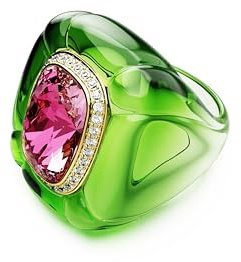 Swarovski Dulcis Cocktailring, Mehrfarbiger, Vergoldeter Ring mit Grüner Ringschiene, Pinkfarbenem Kristallelement im Kissenschliff und Weißem Pavé, Größe: 60