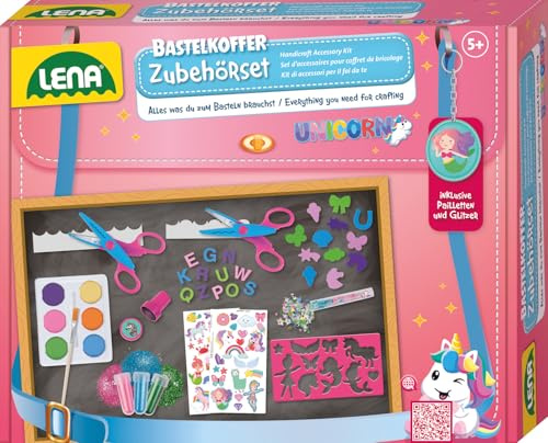 Lena® pysseltillbehörssats - 350 stycken: Kontursax, stämplar, akvareller, penslar, klistermärken, paljetter och mer - kit för barn från 5 år