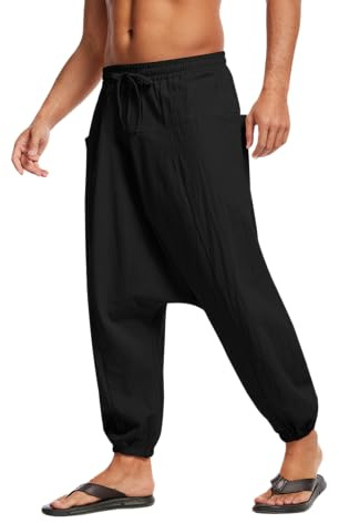 YAOBAOLE Men's Linen Trousers Mens Harem Pants Linen Mens Drawstring Trousers Black M