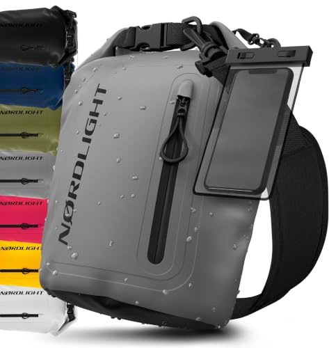 Nordlight Dry Bag Vattentät Väska med Mobilfodra+ Rullstängning, Axelrem | Drybag Vattentät Ryggsäck Packsäck Våtbag Packväska | Simning Strand Stå Upp Paddling Kanotpaddling - Grå, 5 Liter