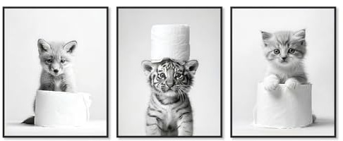 Dazzlewall Set de 3 Pièces de Décoration Murale de Salle de Bains Animal Mignon, Impressions d'Art Mural de Renard, Tigre et Chaton Mignon Noir et Blanc avec Papier Toilette 8x10 pouces sans Cadre
