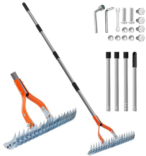 Vertikutierrechen 38 cm für Rasenflächen – Rasenrechen mit 19 Stahlzinken, Verstellbarer Griff bis 170 cm, Metall Schneidrechen für Garten, Hof & Rasen