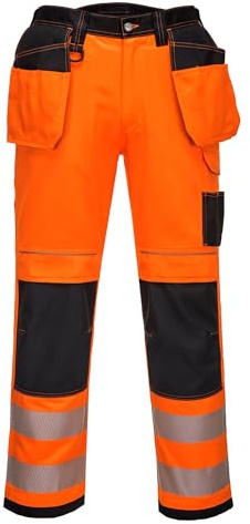 Portwest T501 Mens PW3 Hi Vis Work Trousers - Holster Pocket Workwear Safety Construction Trousers Orange/Black, 48