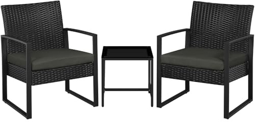 Yaheetech Salon de Jardin Exterieur 2 Fauteuils en Poly Rotin et 1 Table | Mobilier Fauteuils de Jardin avec Coussins, Plateau en Verre Trempé pour Balcon/Bar/Bureau Noir/Gris
