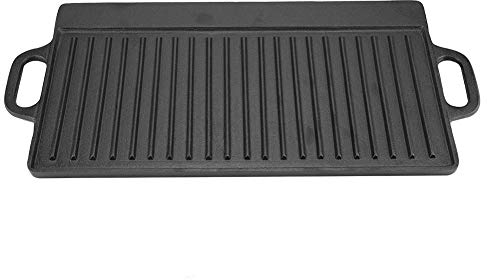 Plancha Plana de Hierro Fundido con Antiadherente, Sartén de Doble cara con Dos Asas para Barbacoa, Parrilla de Gas y de Carbón, Uso en Fuego Abierto y En Horno, 50.5x23.5x1.4cm