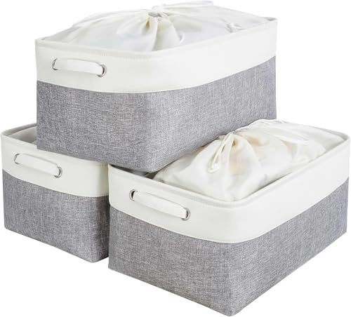 Mangata Extra Large Panier de Rangement Lot de 3, boites de Rangement en Tissu avec Poignée pour Étagères, Placard, Jouets (Pliable, Gris Blanc)