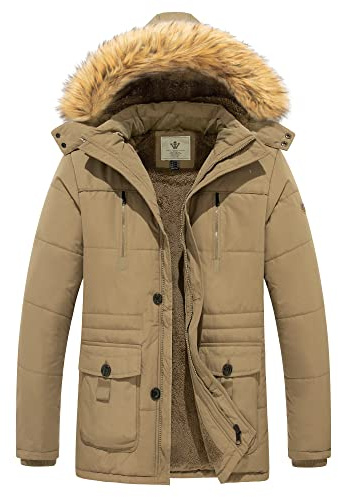 WenVen Abrigos Cálido Invierno Chaqueta de Algodón a Prueba de Viento Parka Capucha Gruesa Extraíble con Pelo Chaqueta de Lana Exteriores Hombre Caqui Large