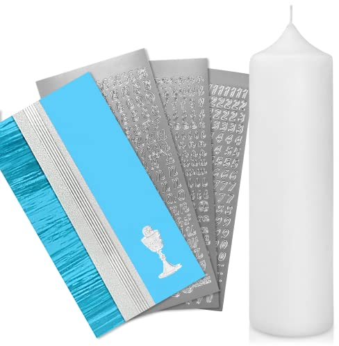 WIKAKERZEN Taufkerze selber Machen Set mit Kerzen-Rohling Buchstaben und Wachsplatten mit Wachsmotiven | Jetzt Größe und Farben Wählen (Kerze 25x7 cm | Weiss, Türkis mit Kelch)