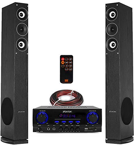 Fenton SHFT52 HiFi Tower Speakers & AV440 Stereo Amplifier System, Bluetooth Audio Streaming, USB MP3 Playback, Karaoke, Home Floor Speaker Systems, 500W Power, Remote Included, Pair - Black