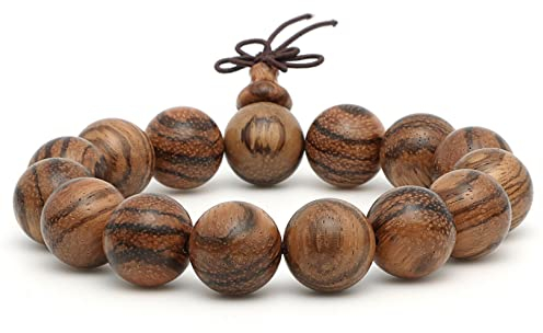 15mm Holzperlen Armband, Buddhistische Gebetsperlen Armband, Tigerhaut Sandelholz Perlen Armband, Handserviertes Perlenarmband mit 15 Perlen für Frauen Männer Holz, One Size, Holz