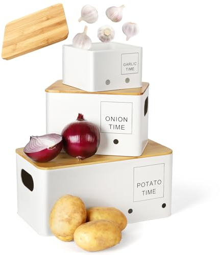 Lannvan Boîte de Conservation Pomme de Terre, Oignon, Ail - Lot de 3 avec Couvercle en Bois - Blanc