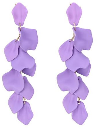 EVER FAITH Boucles d'oreilles Longues en Forme de Pétale pour Femme Fille Acrylique Fleur Dangle Été Vacances Bijoux Violet Ton d'or