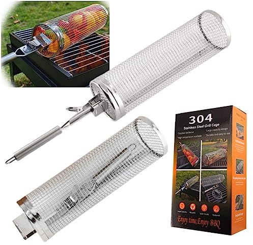 Rolling Grilling Basket with REMOVABLE HANDLE Outdoor Picnics BBQ Grill Camping Barbecue Rack,Stainless Steel Mesh Cylinder Grill Cooking Accessories for Vegetables,Fries,Meat,Fish BBQ Net Tube