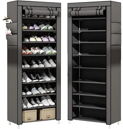 SEVERNO Schuhregal, Schuhschrank Schmal, Garderobe mit Schuhschrank, Stoffschrank Regal mit 9 Einlegeböden, 2 Außenfächern und Schwarzem Metallrahmen, Material: 100% PE, Abmessungen: 160x60x30cm