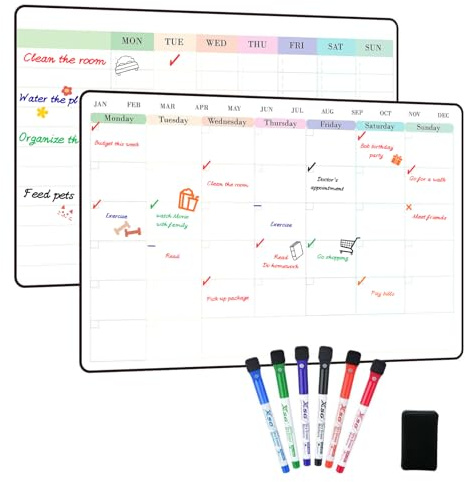 POPRUN 2 Pack A3 Whiteboard Calendar, Monthly Planner and Weekly Chore Chart, Self Adhesive Dry Erase Board, Stick on Any Smooth Surface Fridge Glass Wall, Perfect for Home Work School Planning
