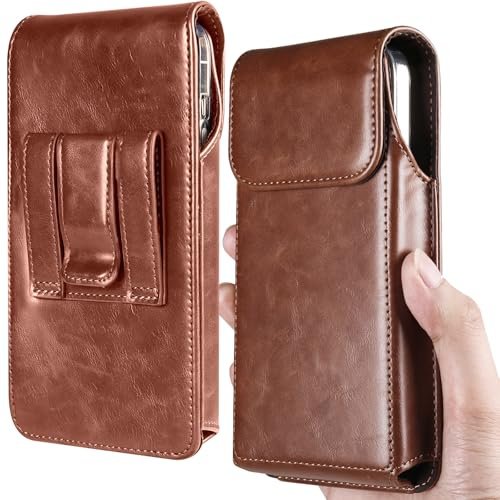 Miimall Phone Holster for Samsung Galaxy S25 Ultra/S24 Ultra/A56/A16, Google Pixel 10 Pro Fold/10Pro XL/10Pro/Pixel 10, [Magnetic Closure] [Belt Clip] Leather Pouch Phone Holder, Light Brown