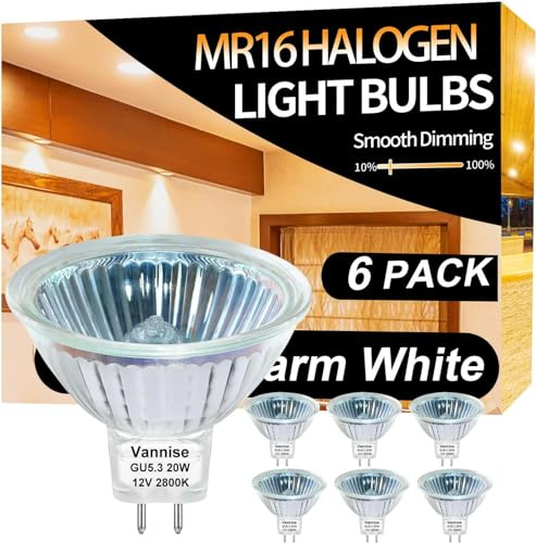 Vannise MR16 Bulb 20W, High Output 300LM MR16 Halogen Bulb 20W 12V Warm White 2800K, GU5.3 Base, Dimmable with Clear Glass Cover, Long Lasting MR 16 12V 20 W Halogen Bulb