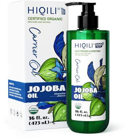 HIQILI 473ML Jojoba Oil Organic for Hair Growth, Skin, Face, Nails, 100% Pure Cold Pressed, Carrier Oil for Essential Oils Mixing, Included Roller Bottle - 16 Fl Oz