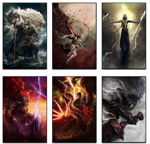 Elden Ring Posters (set of 6), Malenia, Radagon und Godfrey，Radahn und Maliketh,Lichdragon Fortissax Leinwand Poster, Game Schlafzimmer Dekoration Geschenk,Kein Rahmen Style 08x12inch(20x30cm)