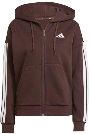 adidas Women's ESSENTIALS 3-STRIPES FULL-ZIP FLEECE HOODIE, shadow brown/white, M