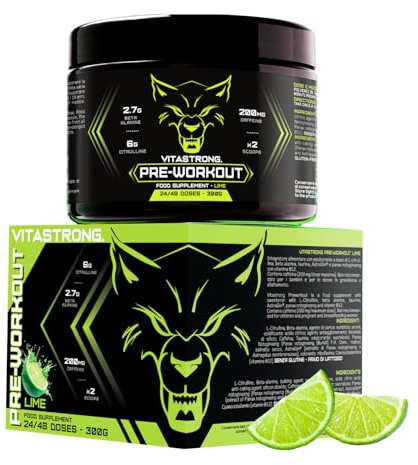 Pre Workout Potente 300g, Preworkout Vegan con Vitamina B12, L Citrullina, Beta Alanina, Caffeina, Taurina, AstraGin, Vitastrong Pre Workout Made in Italy (24 Porzioni (Confezione da 1), Lime)