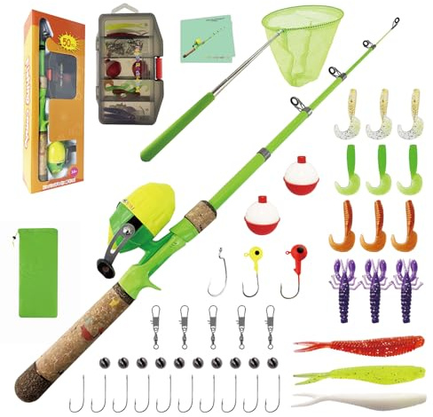 SHUDAROCAST Kids Fishing Pole Set, Kids Fishing Rod and Reel Combo and Fishing Net Tackle Box with Fishing Lures Hooks and Bag for Boy, Girl, Youth, Beginner, Over 3 Years Old