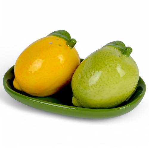 MIJOMA Juego de salero y pimentero - Elegante diseño de porcelana, apto para alimentos, fácil de llenar, varios diseños divertidos y lindos a elegir (limones, 2 piezas)