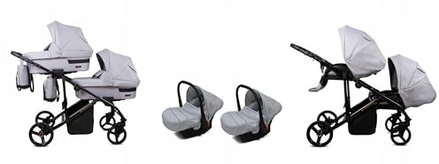 BabyLux® Bambini Passeggino per gemelli Completo Set 3 in 1 - Duo | Silver - Navicella, Canna, Seggiolino Auto - Carrozzina Neonati Sistema Combinato - con Borsa fasciatoio, Copertura antipioggia