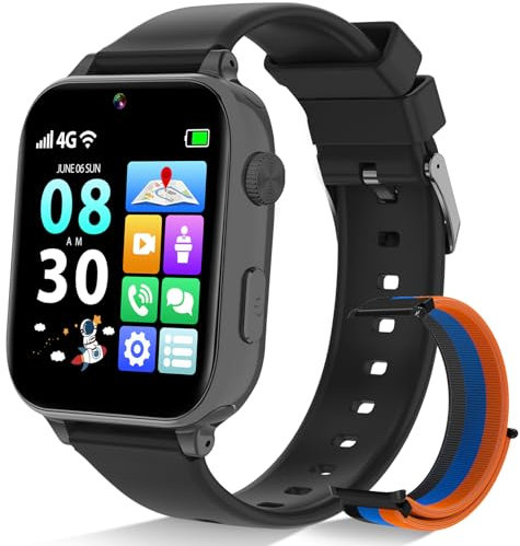 Montre Connectée Enfant 4G GPS, Smartwatch Téléphone pour Filles Garçons avec Appel Vidéo SOS Podomètre Mode Classe, Montre Cadeau pour Enfants 5-12 Ans (Noir)
