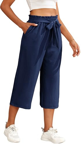 WUWUSKY Women 3/4 Length Trousers Elasticated High Waist Wide Leg Pants Ladies Loose Lounge Palazzo Pants with Pockets